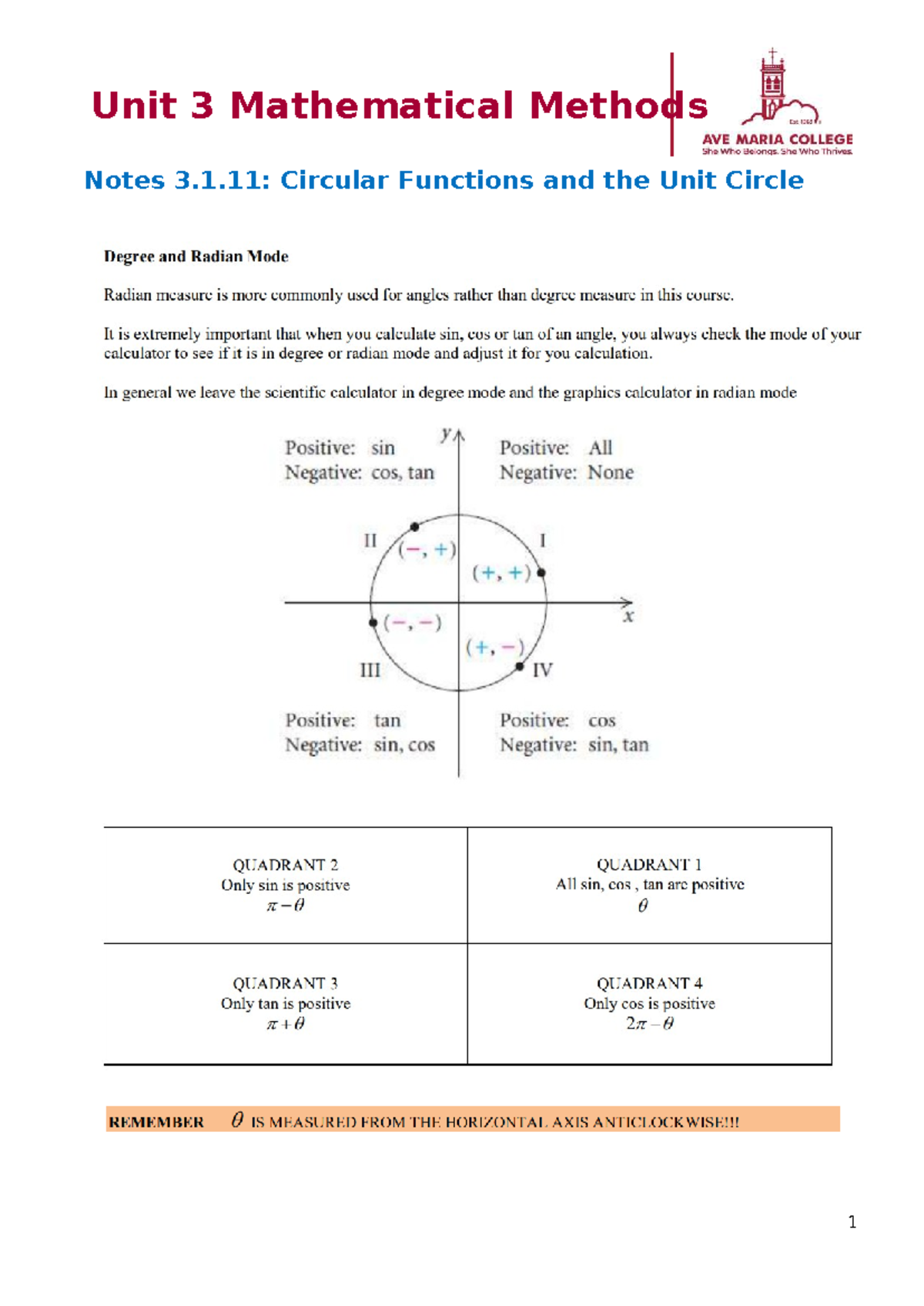 Notes 3.1.11 - Unit Circle - Notes 3.1: Circular Functions and the Unit ...
