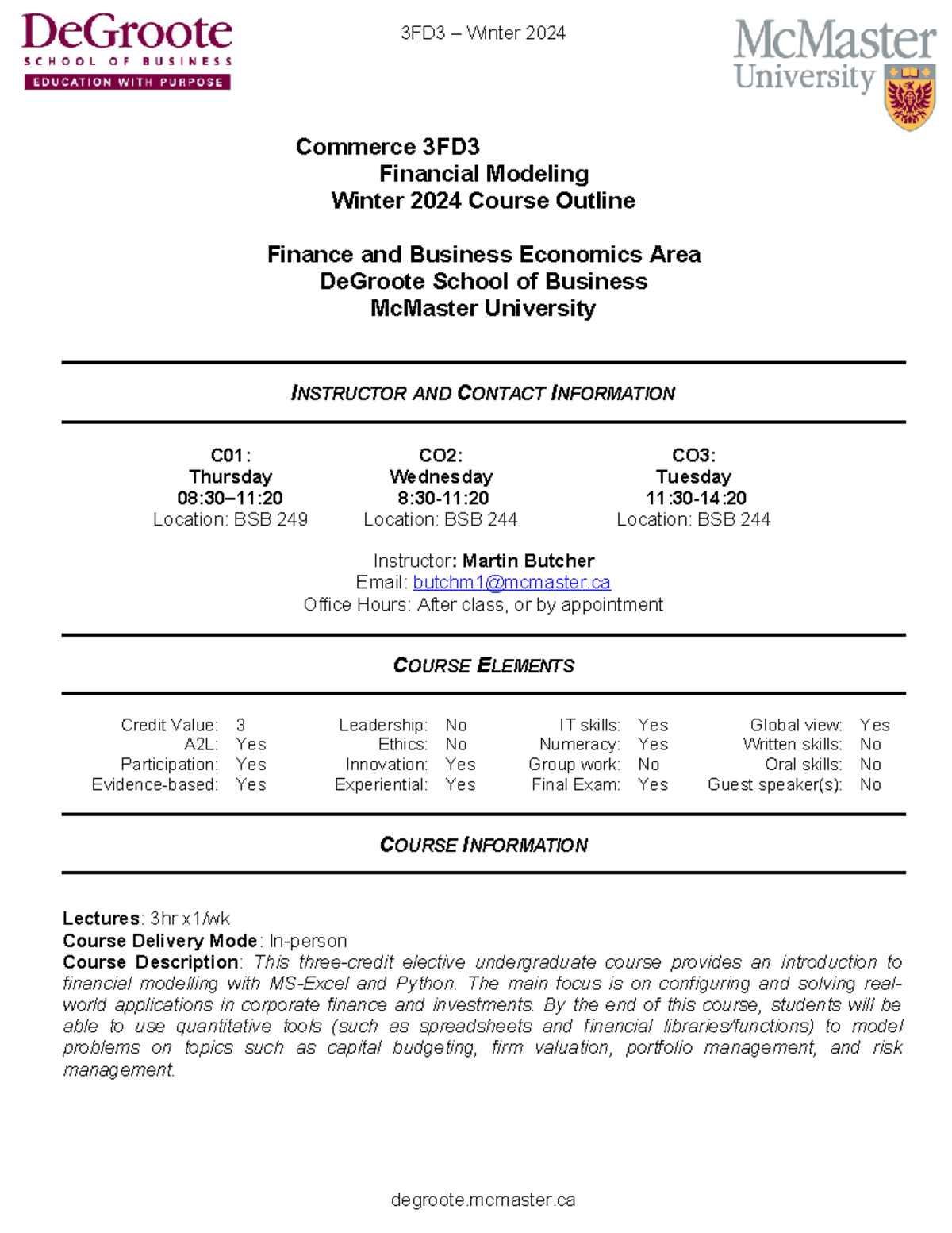 3FD3 Winter 2024 Financial Modeling Course Outline by Martin Butcher ...