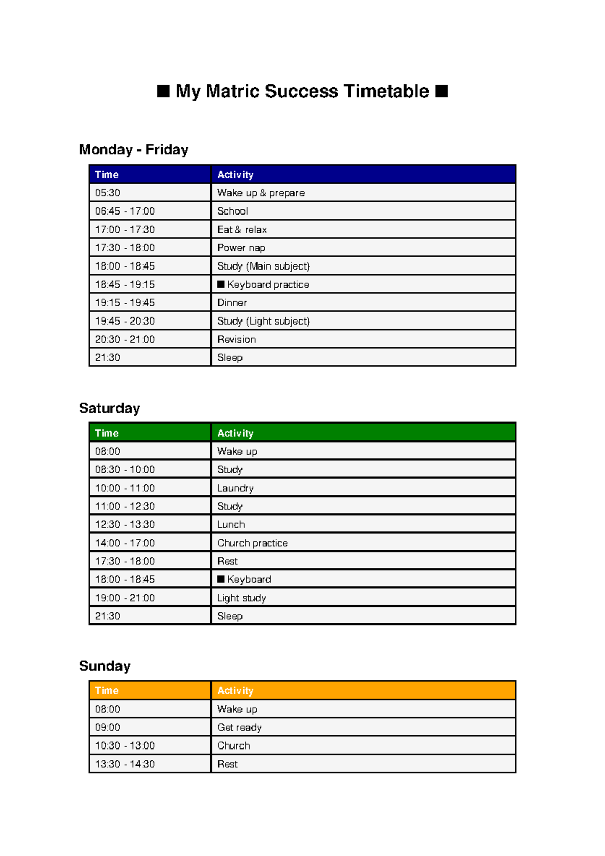 Matric Success Timetable: Weekly Study & Activity Plan - Studocu