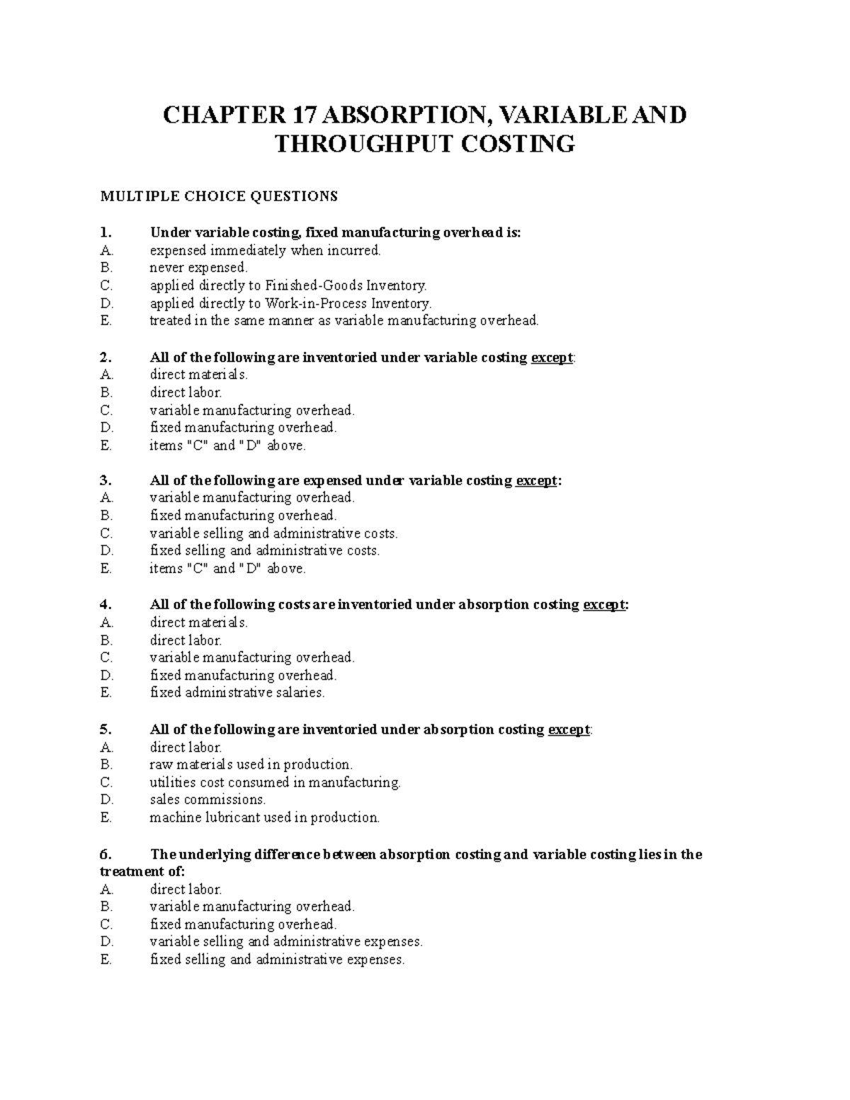 Chapter 17: Absorption vs. Variable Costing MCQs and Key Insights - Studocu