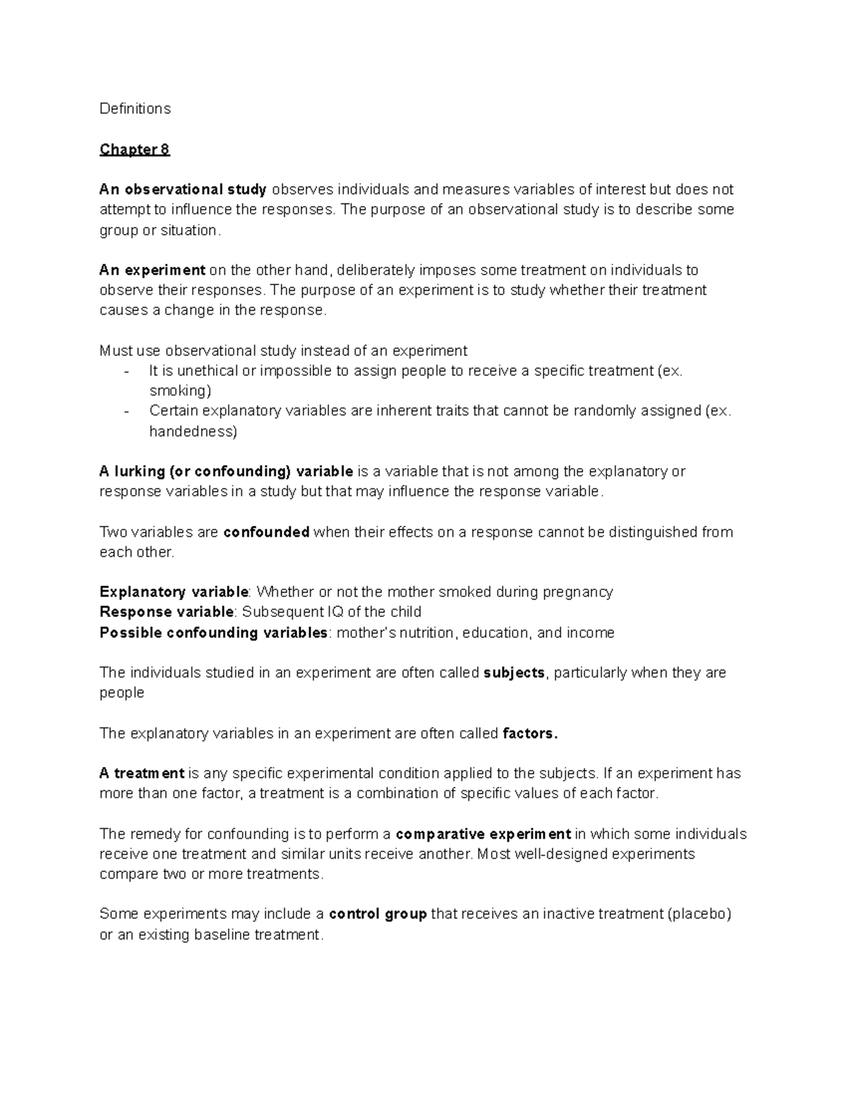 Data Sci Final - notes - Definitions Chapter 8 An observational study ...