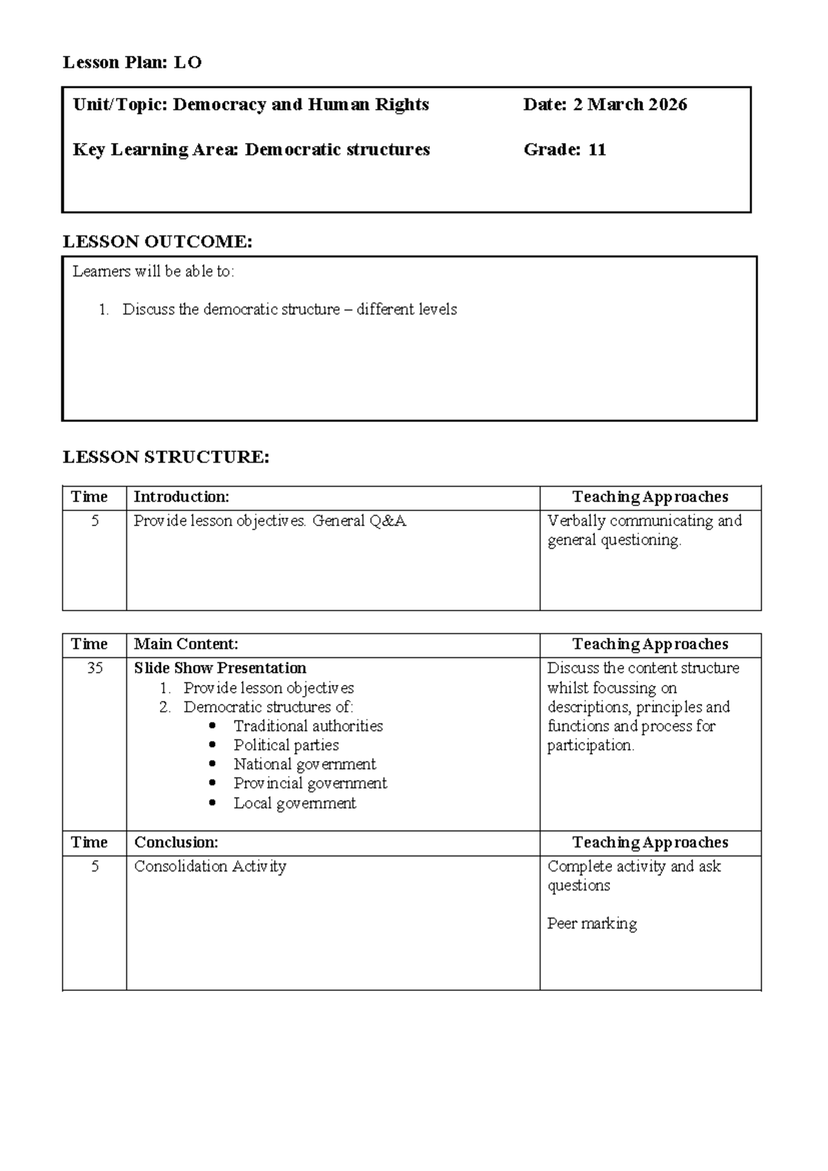 Grade 11 LO Lesson Plan: Democracy & Human Rights (Week 8) - Studocu