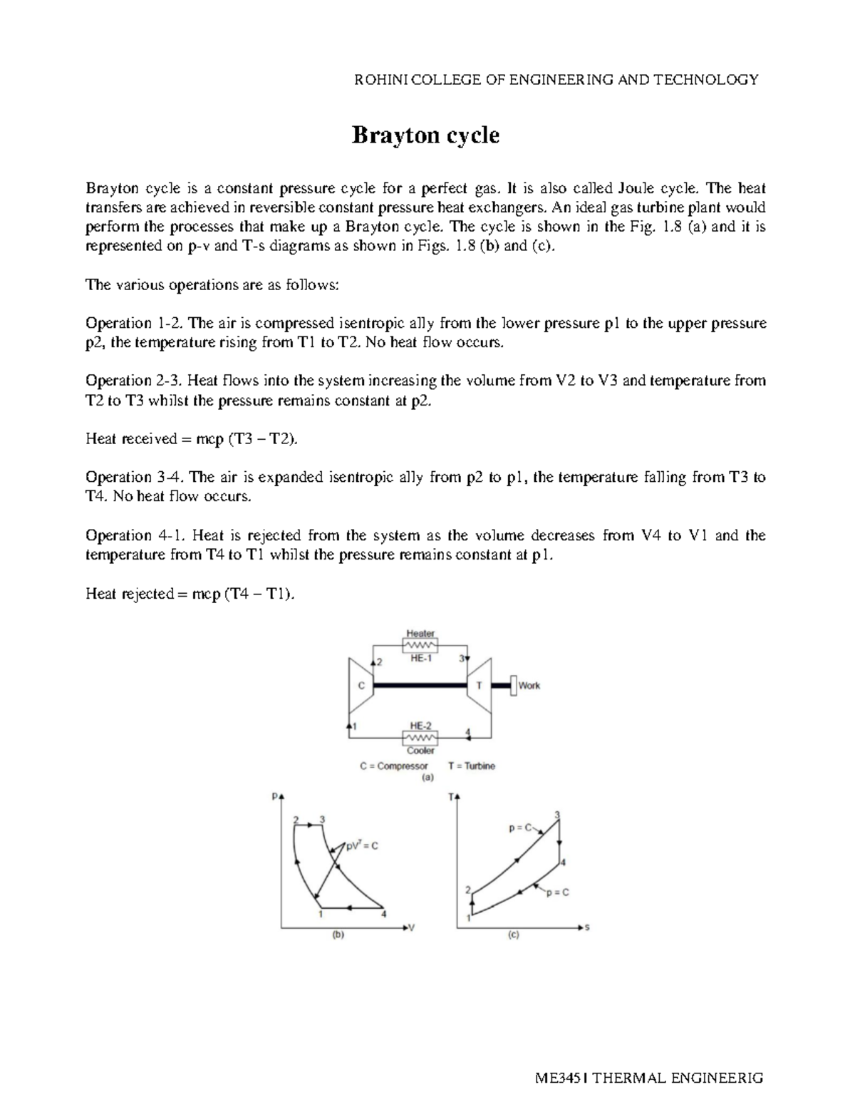 ME3451 THERMAL ENGINEERING: Brayton Cycle Analysis and Derivation - Studocu
