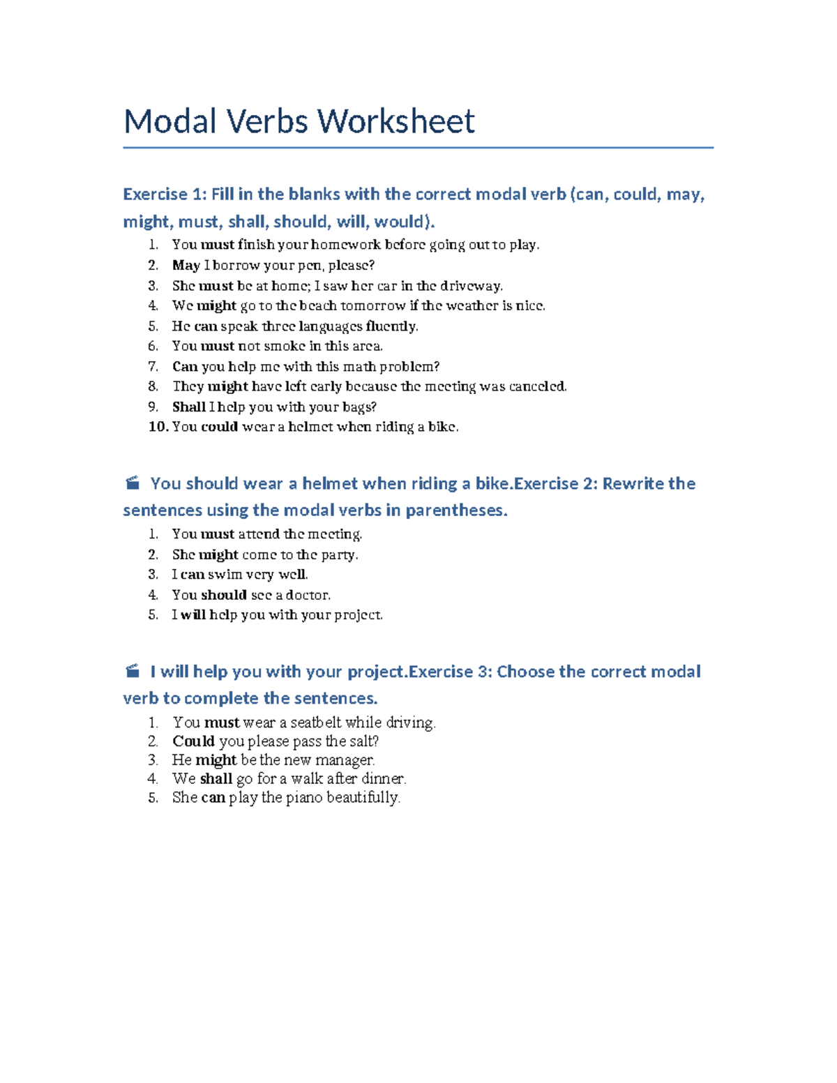 Modal Verbs Worksheet - clase - Modal Verbs Worksheet Exercise 1: Fill ...