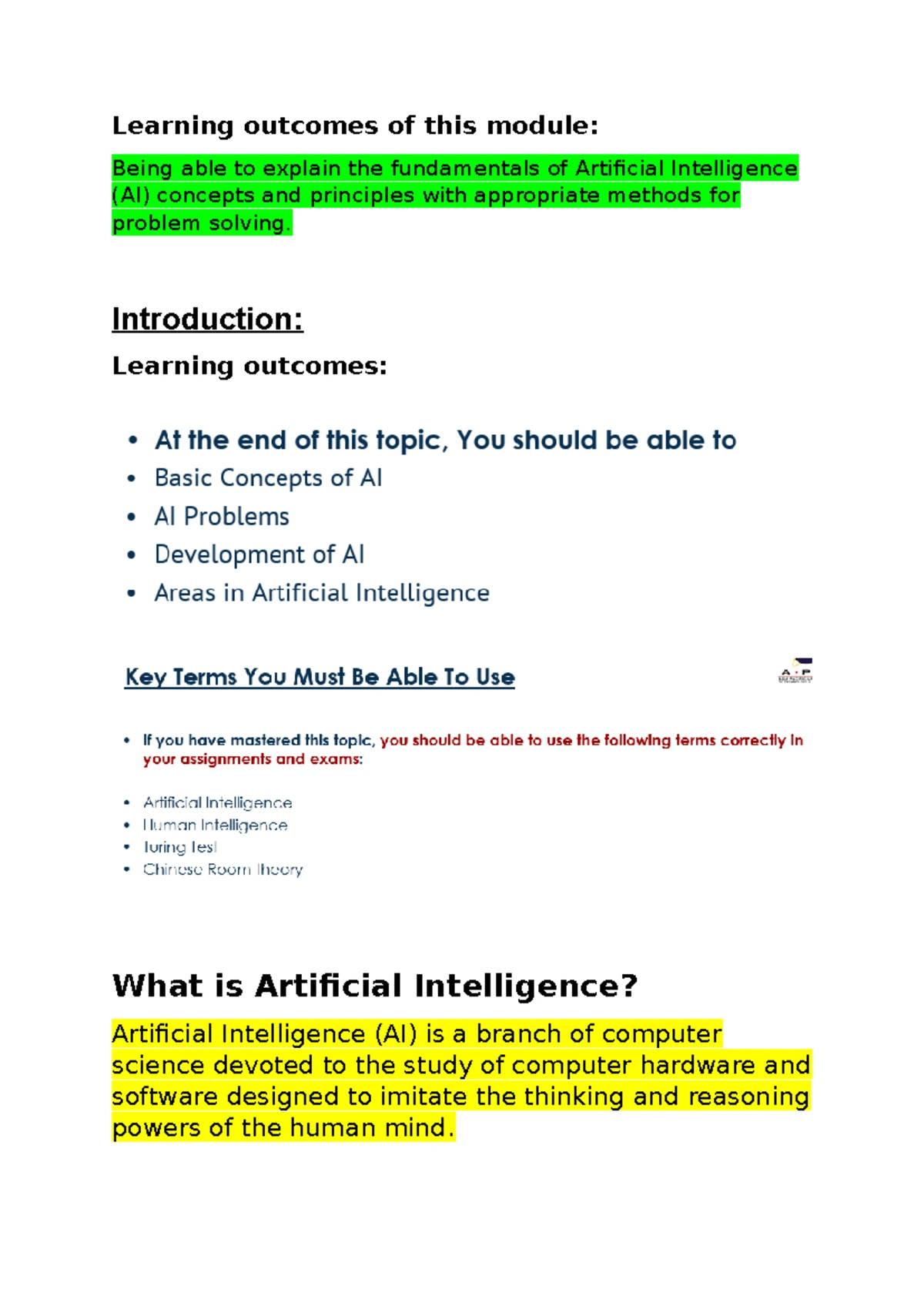 AI Chapter 1: MCQs & Key Concepts Review - Studocu