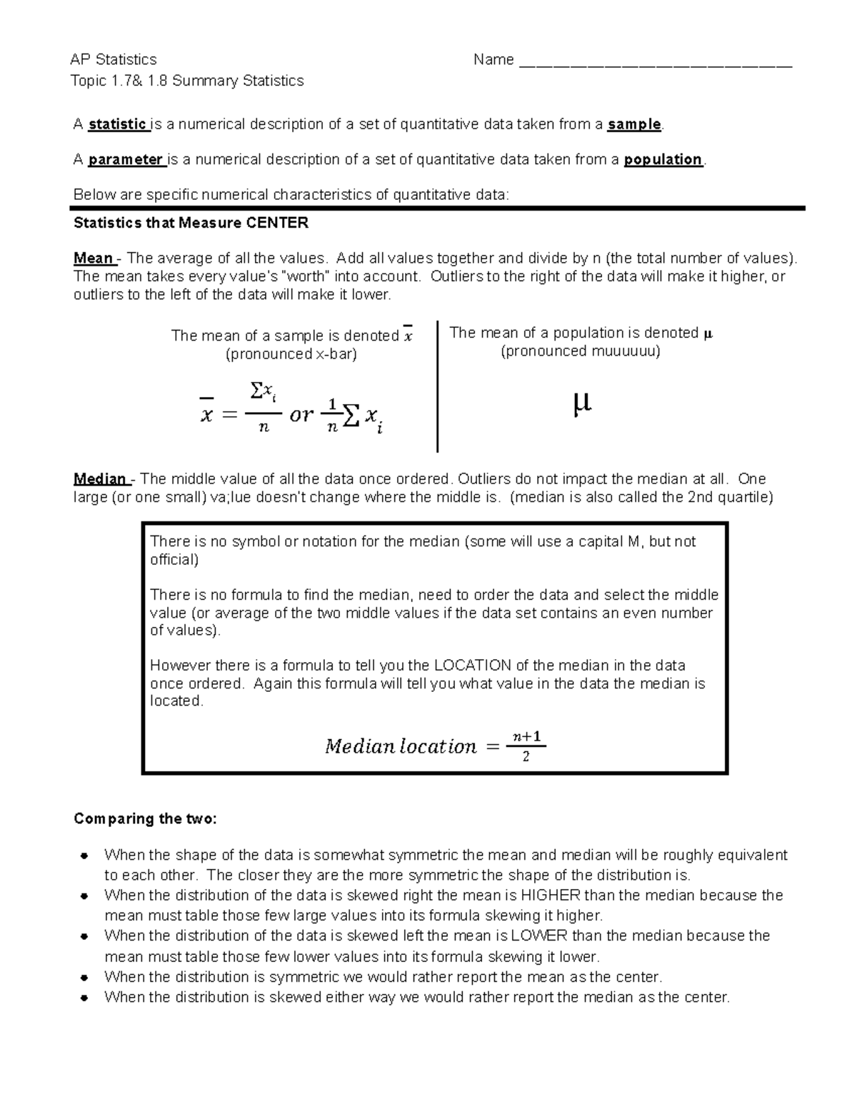 AP Statistics (APST) Topic 1.8: Summary Statistics Overview - Studocu