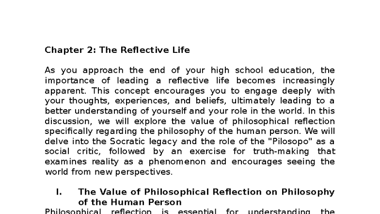 Chapter 2: The Reflective Life in Philosophy of the Human Person - Studocu