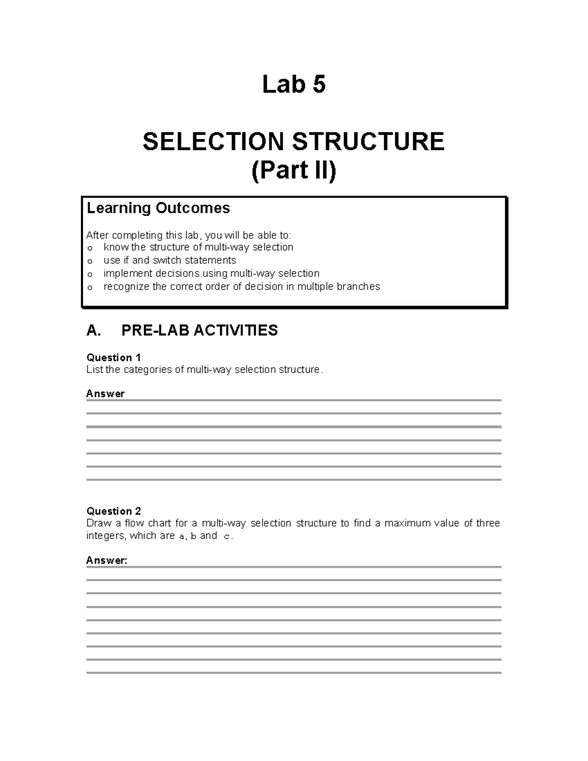 Lab 5 Selection Structure Part 2 - Lab 5 SELECTION STRUCTURE (Part II ...