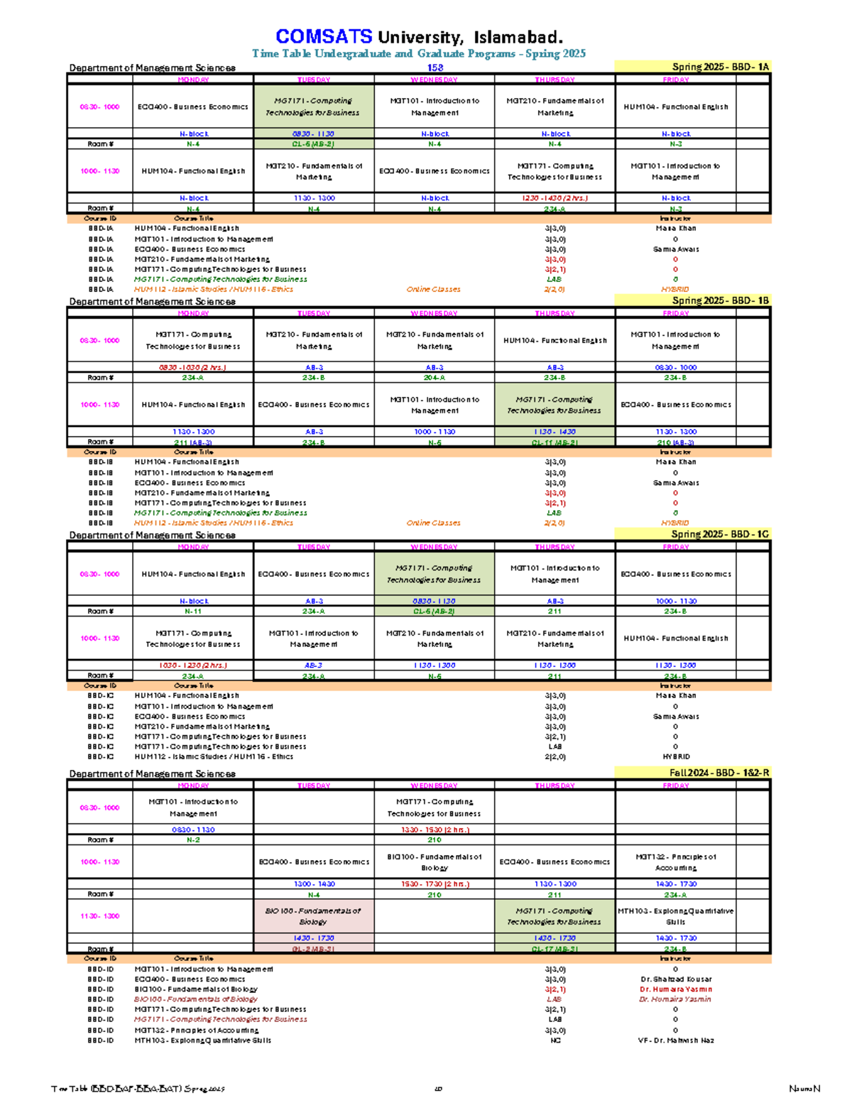 Management Sciences - Spring 2025 Course Time Table - Studocu