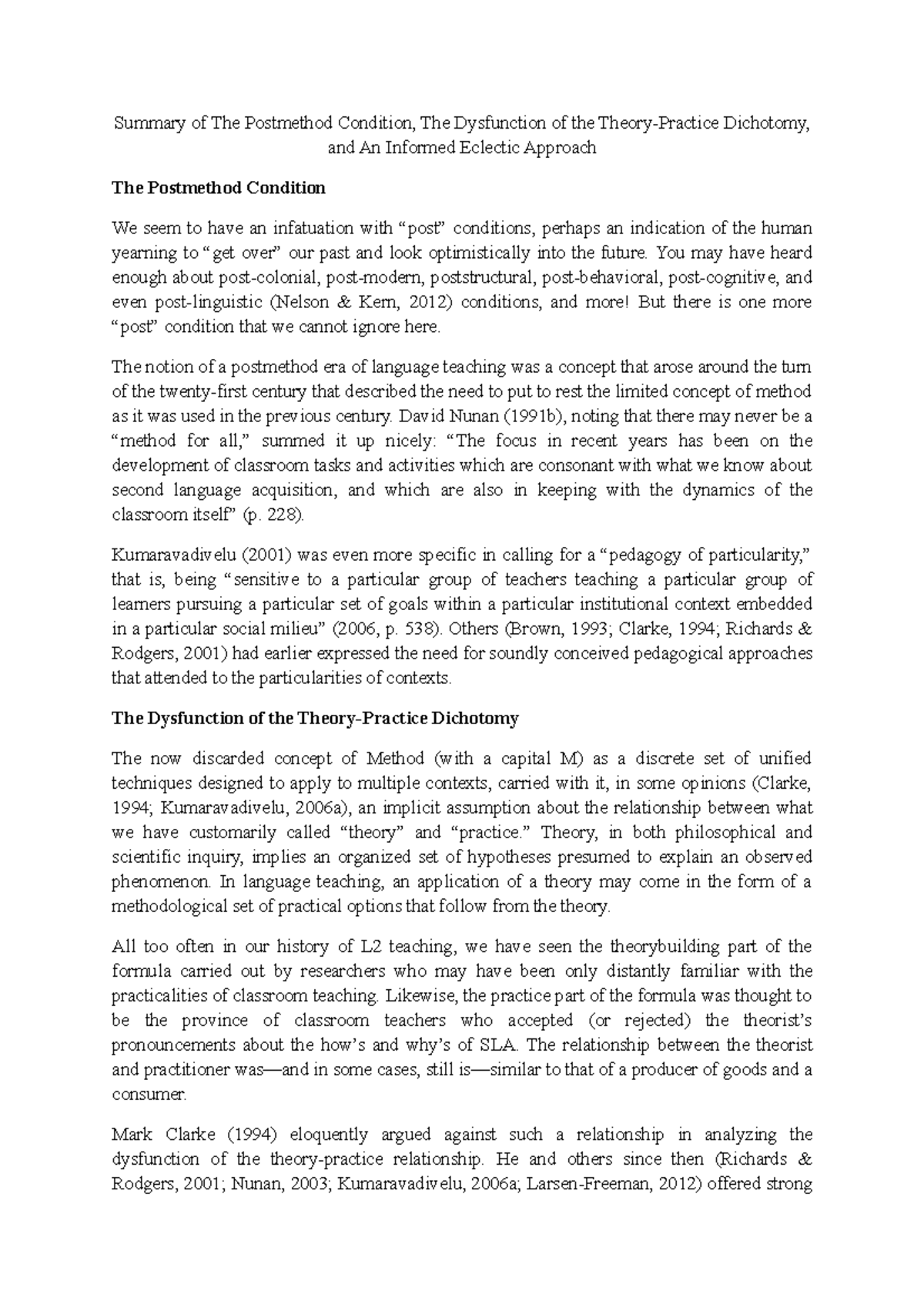 Summary of The Postmethod Condition and the Theory-Practice Gap - Studocu