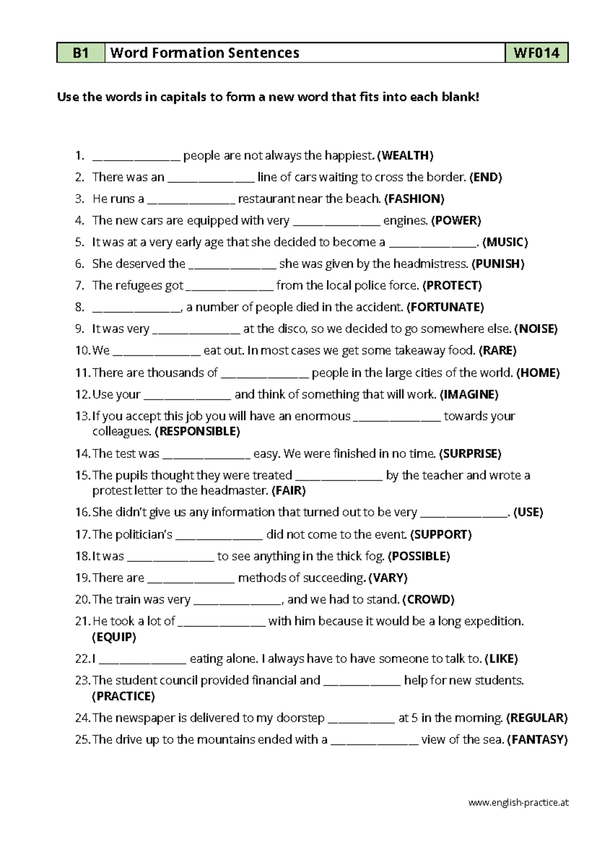 Wf013 word formation sentences - english-practice B1 Word Formation ...