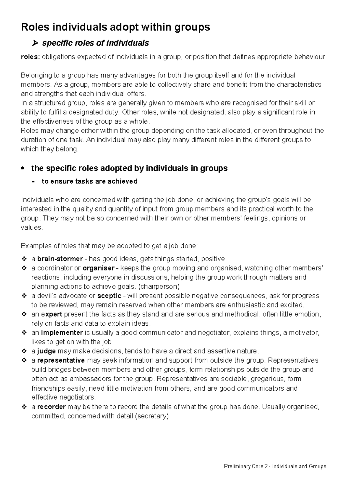 Preliminary Core 2: Understanding Roles Individuals Adopt in Groups ...