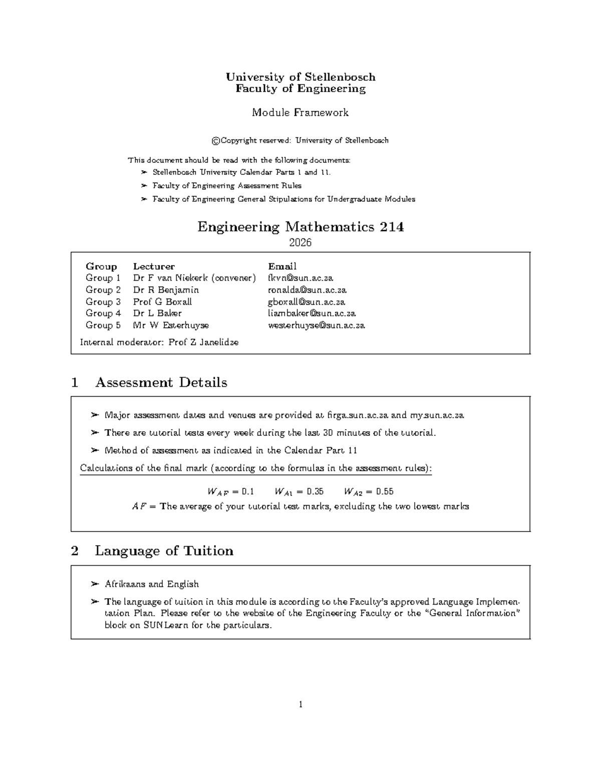 Engineering Mathematics 214 Module Framework & Assessment Details - Studocu