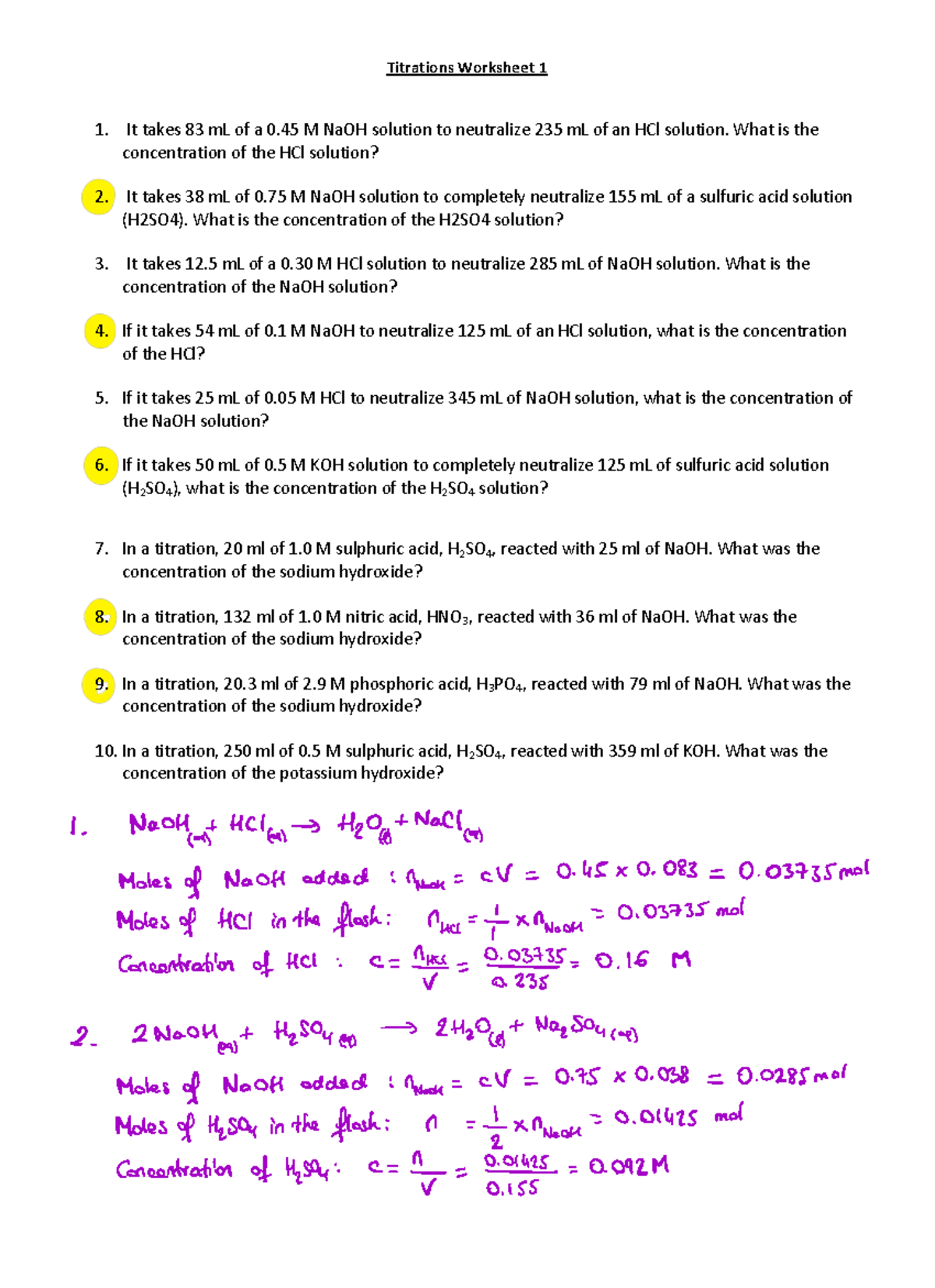 Worksheet - Titration Answers - Titrations Worksheet 1 1. It takes 83 ...