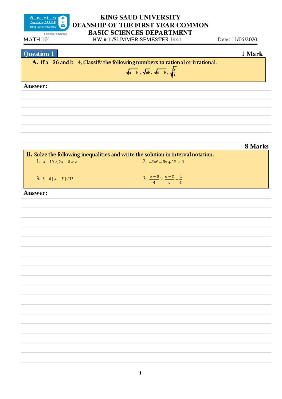 MATH 101 HW #1 Solutions for Previous Exams - Summer 1441 - Studocu