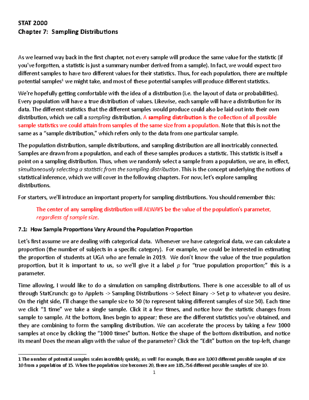 Chapter 7: Sampling Distributions Overview for STAT 2000 (F18) - Studocu