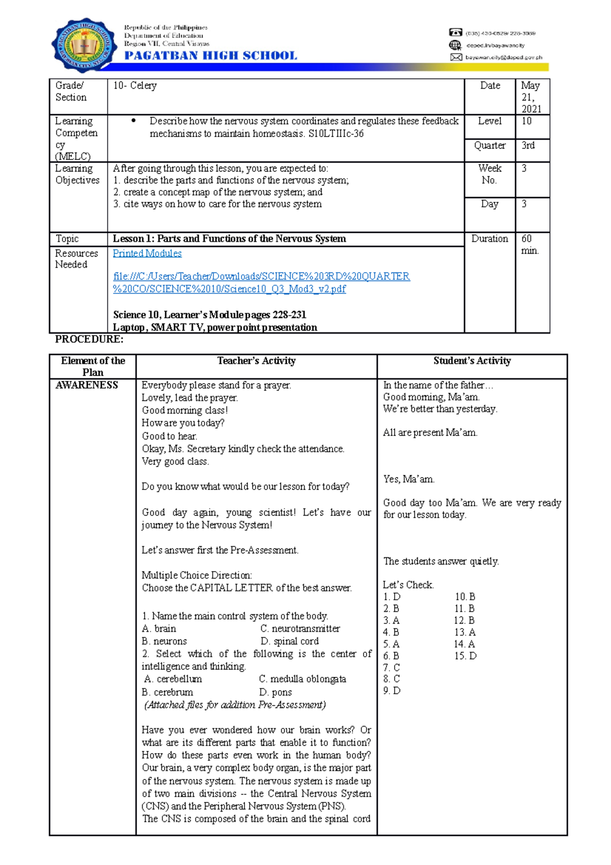 A Comprehensive Lesson Plan for Science 10 (COT 2020-2021) - Studocu