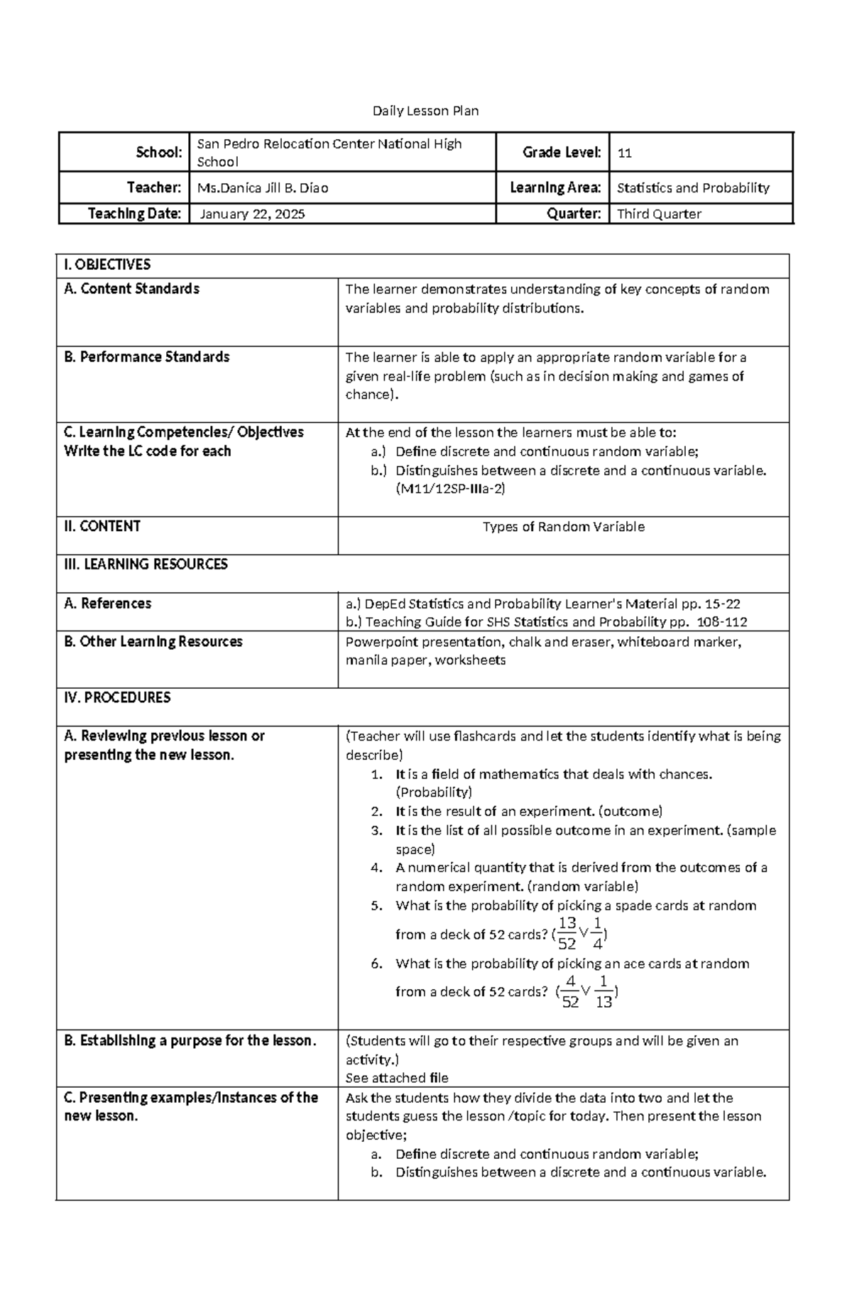 M11/12SP Daily Lesson Plan: Statistics - Random Variables & Probability ...