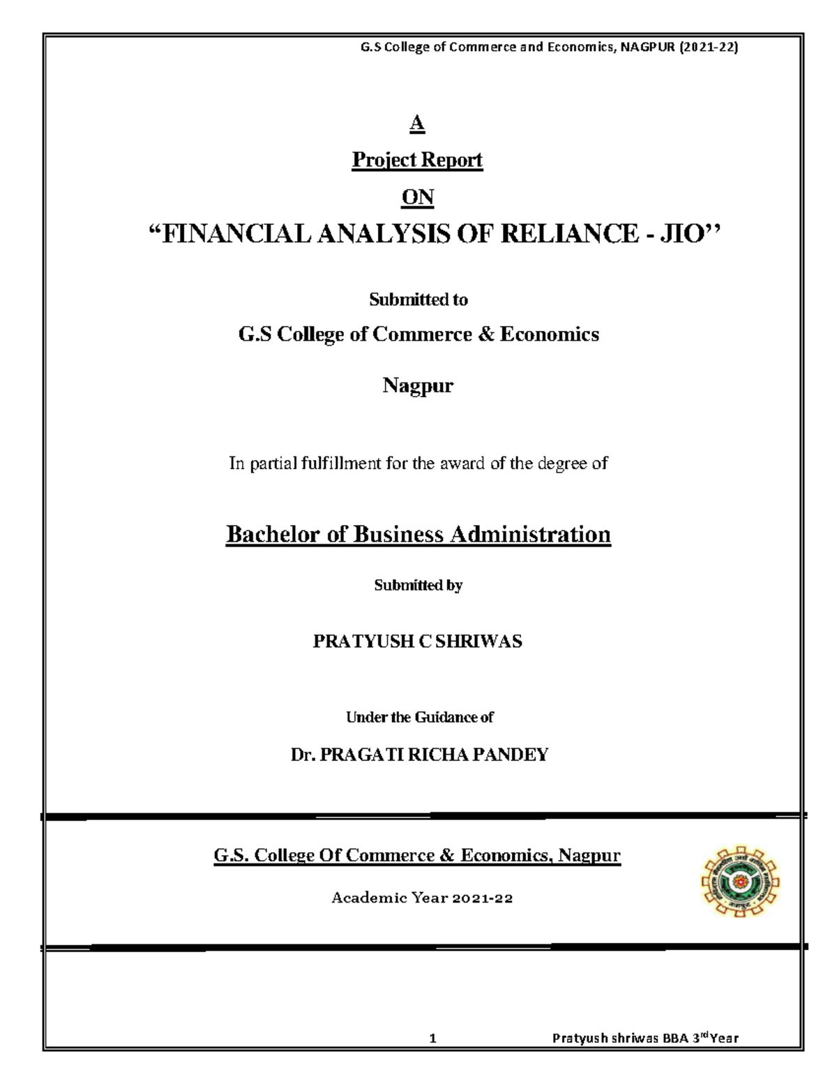 BBA Project Report: Financial Analysis of Reliance JIO at G.S. College ...