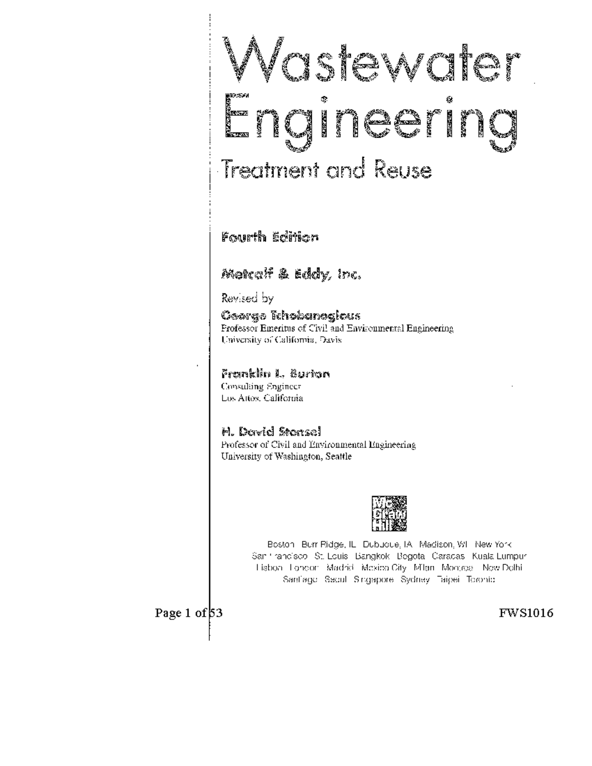 Wastewater Engineering: Treatment and Reuse (FWS1016) - 4th Edition - Studocu