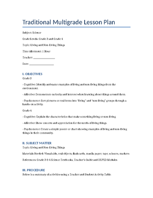 Traditional Multigrade Science Lesson Plan for Grades 3 & 4: Living ...