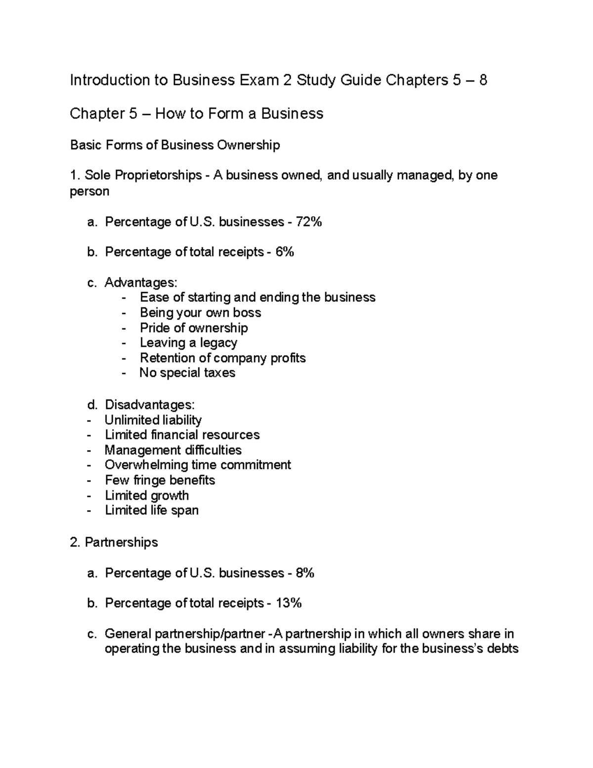 Introduction to Business Exam 2 Study Guide: Business Ownership & - Studocu