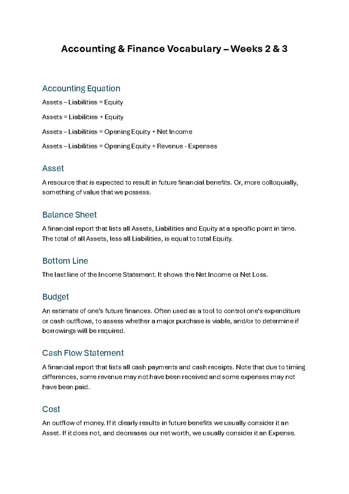 Accounting Finance Vocabulary Week 1: Essential Terms & Concepts - Studocu