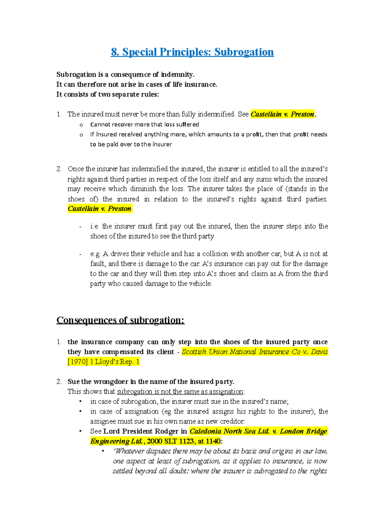 8. Special Principles of Subrogation in Insurance Law Explained - Studocu