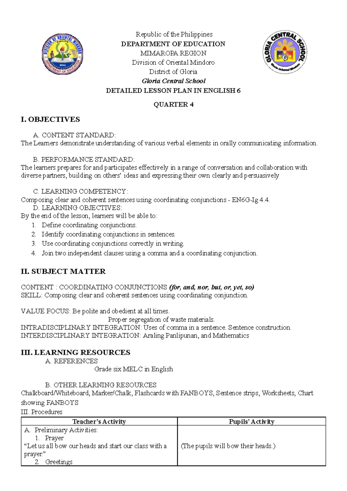 DLP English 6: Detailed Lesson Plan on Coordinating Conjunctions - Studocu