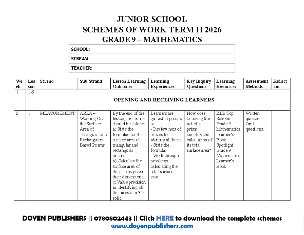 Grade 9 Mathematics Term II 2026 Schemes of Work - Studocu
