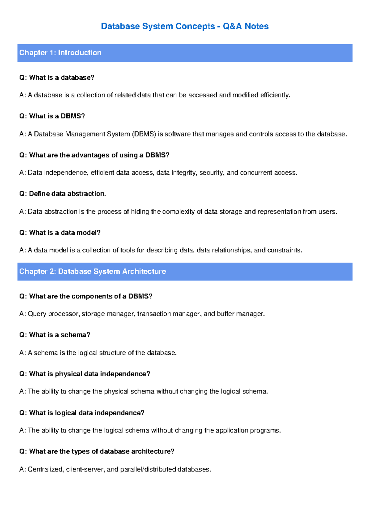 Database System Concepts Notes Ch1-5: Key QA Insights and Definitions ...