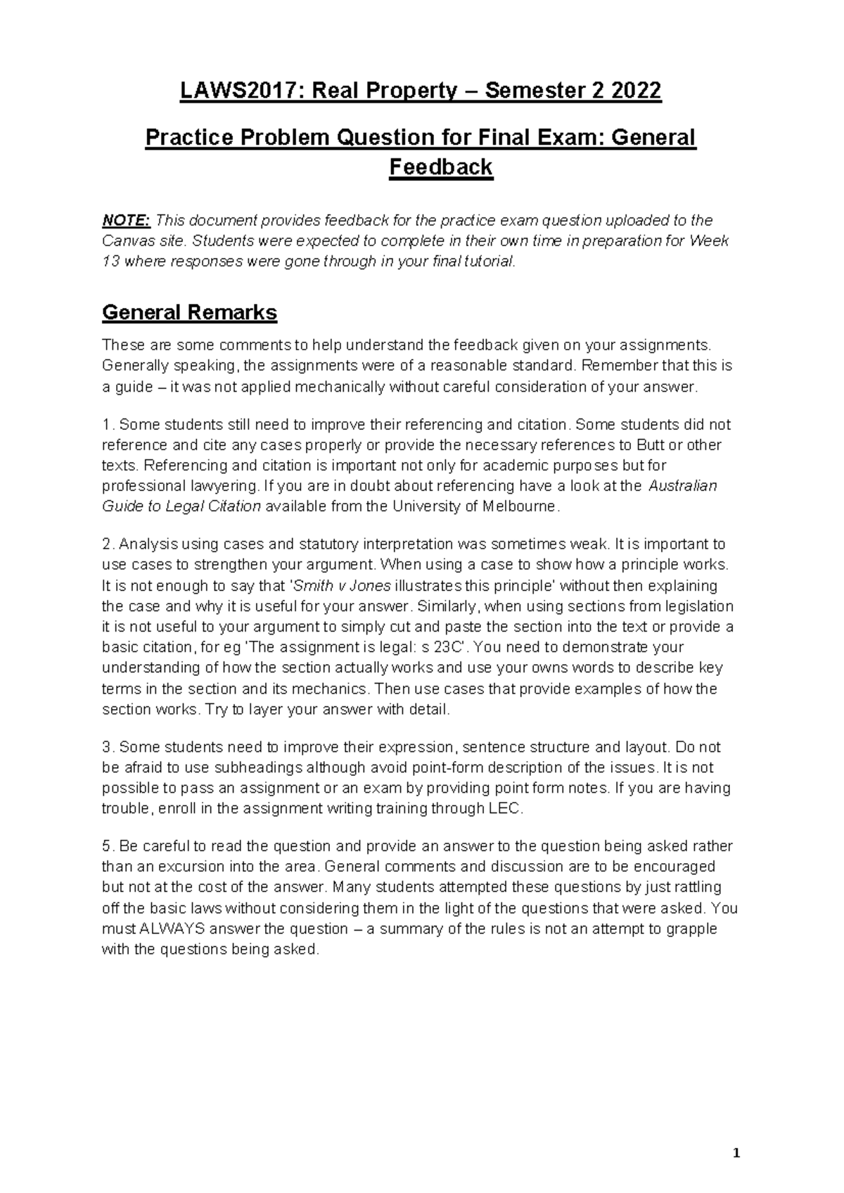 LAWS2017: Real Property Final Exam Practice Problem Feedback 2022 - Studocu