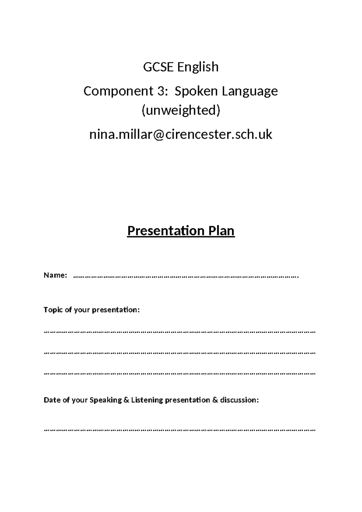 GCSE - English Language Component 3: Spoken Language Presentation Plan ...