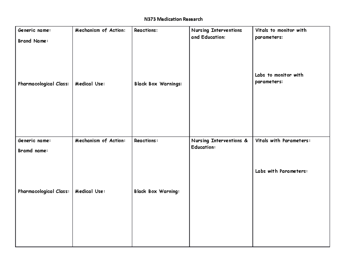 Blank Drug Chart