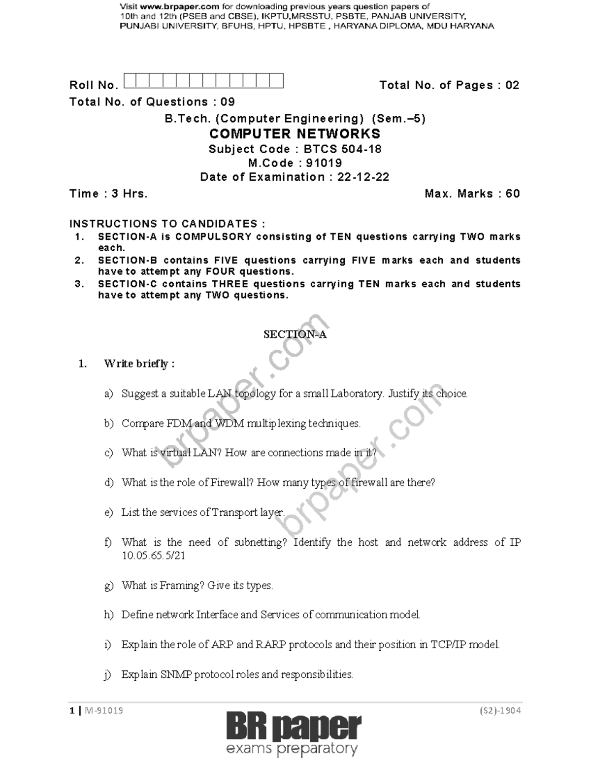 B.Tech. Computer Networks Exam Questions (BTCS 91019) - Dec 2022 - Studocu