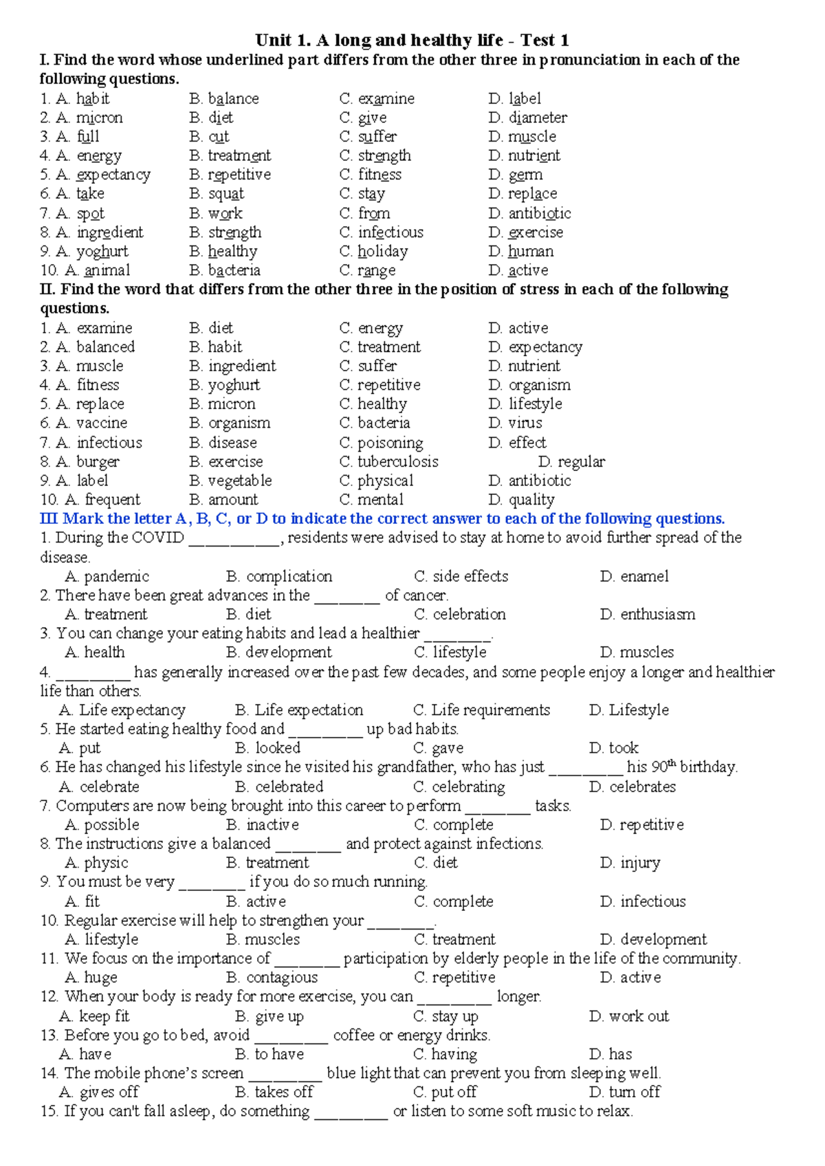 Unit 1 - A Long and Healthy Life Test 1 (2025) - Studocu