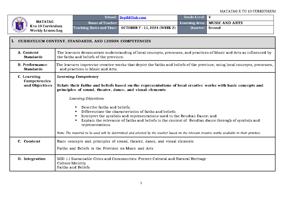 DLL Matatag Music & ARTS 4 Q2 W2 - MATATAG K to 10 Curriculum Weekly ...