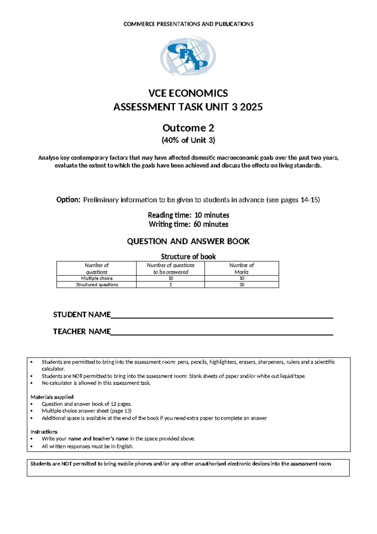 CPAP 2025 Unit 3 Economics Assessment Task: Outcome 2 Overview - Studocu
