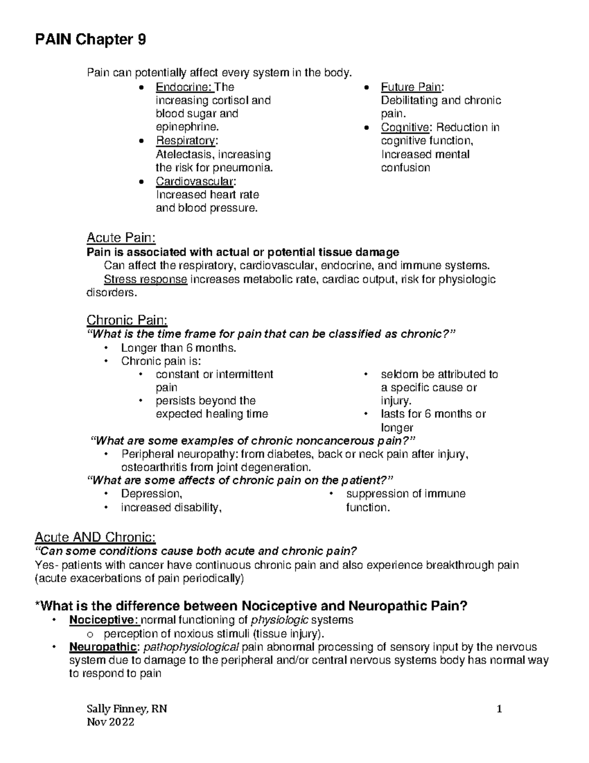 Notes Ch 9 Pain - Sally Finney, RN 1 PAIN Chapter 9 Pain can ...