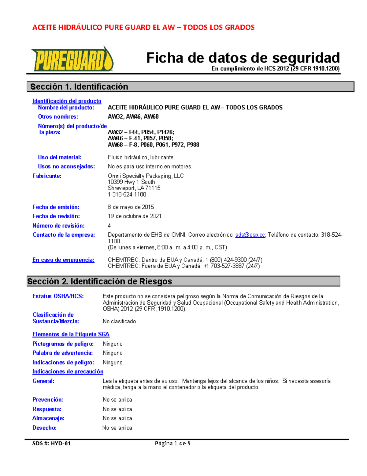 Ficha de Datos de Seguridad del Aceite Hidráulico PURE Guard EL AW ...