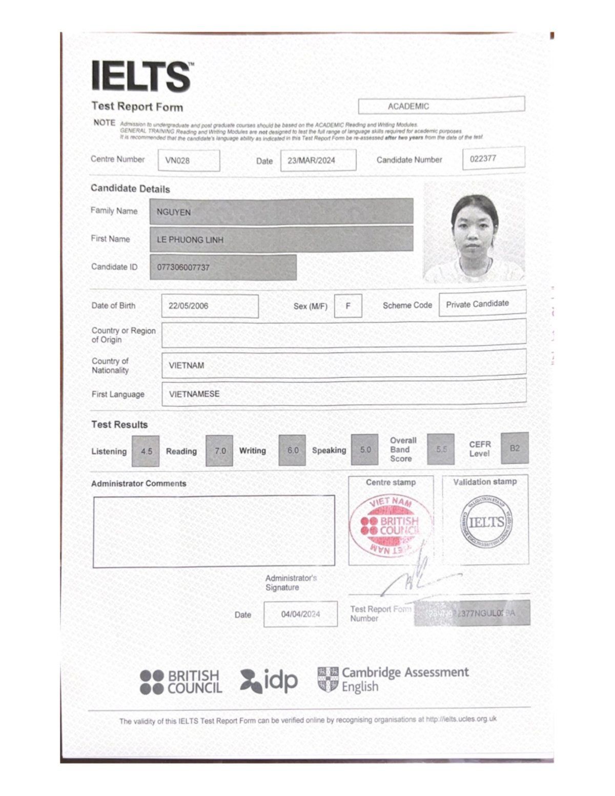 Nguyễn Lê Phương Linh Chứng chỉ Ngoại ngữ Quốc Tế - TM IELTS Test ...