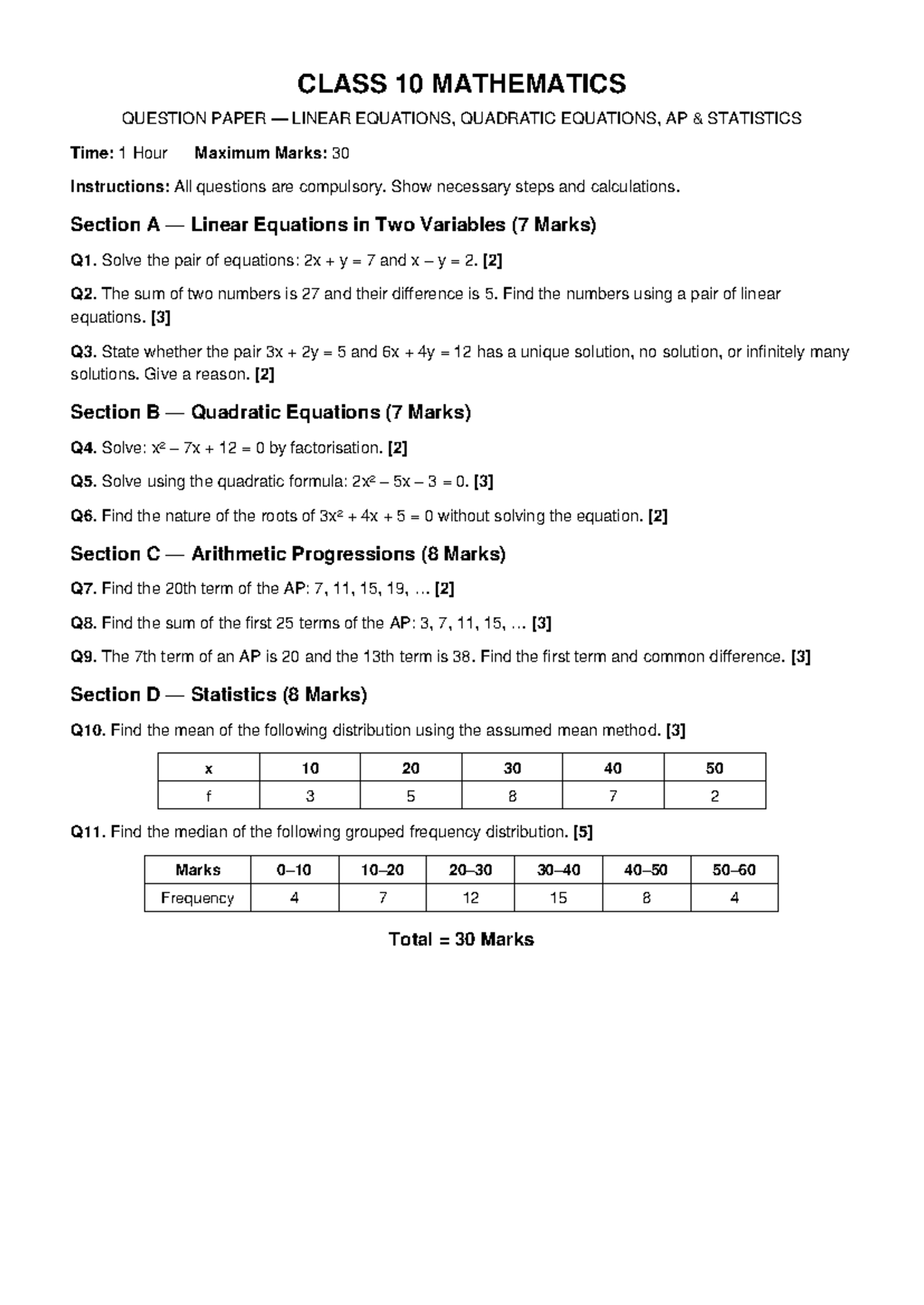 Class 10 Maths 30 Marks Question Paper: Linear & Quadratic Equations ...