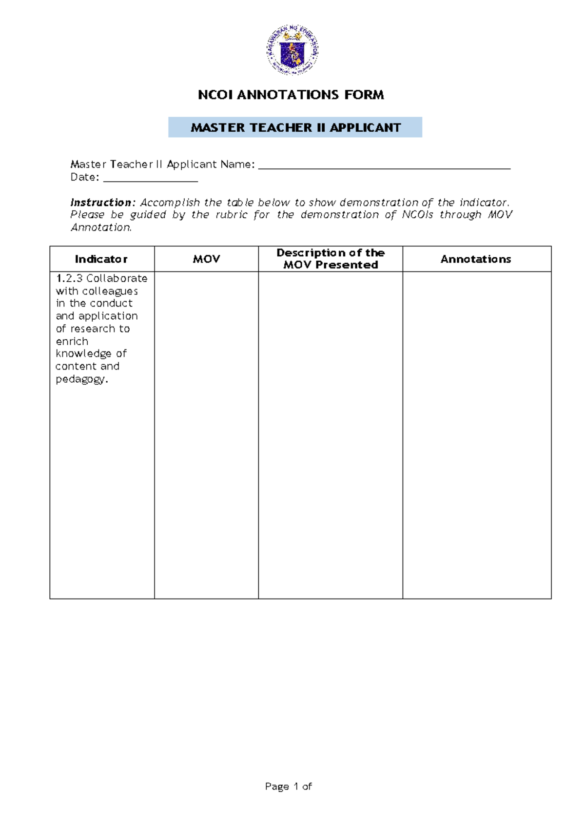 NCOI Annotations Form for Master Teacher II Applicant - Studocu