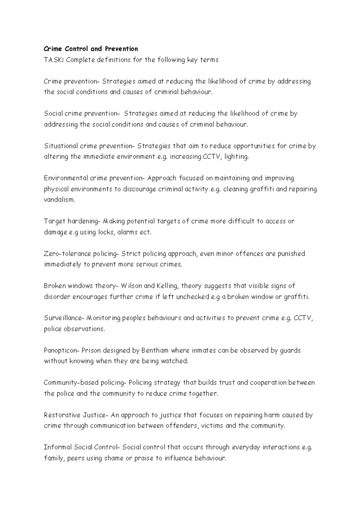 Crime Control and Prevention: Key Terms Overview - Studocu