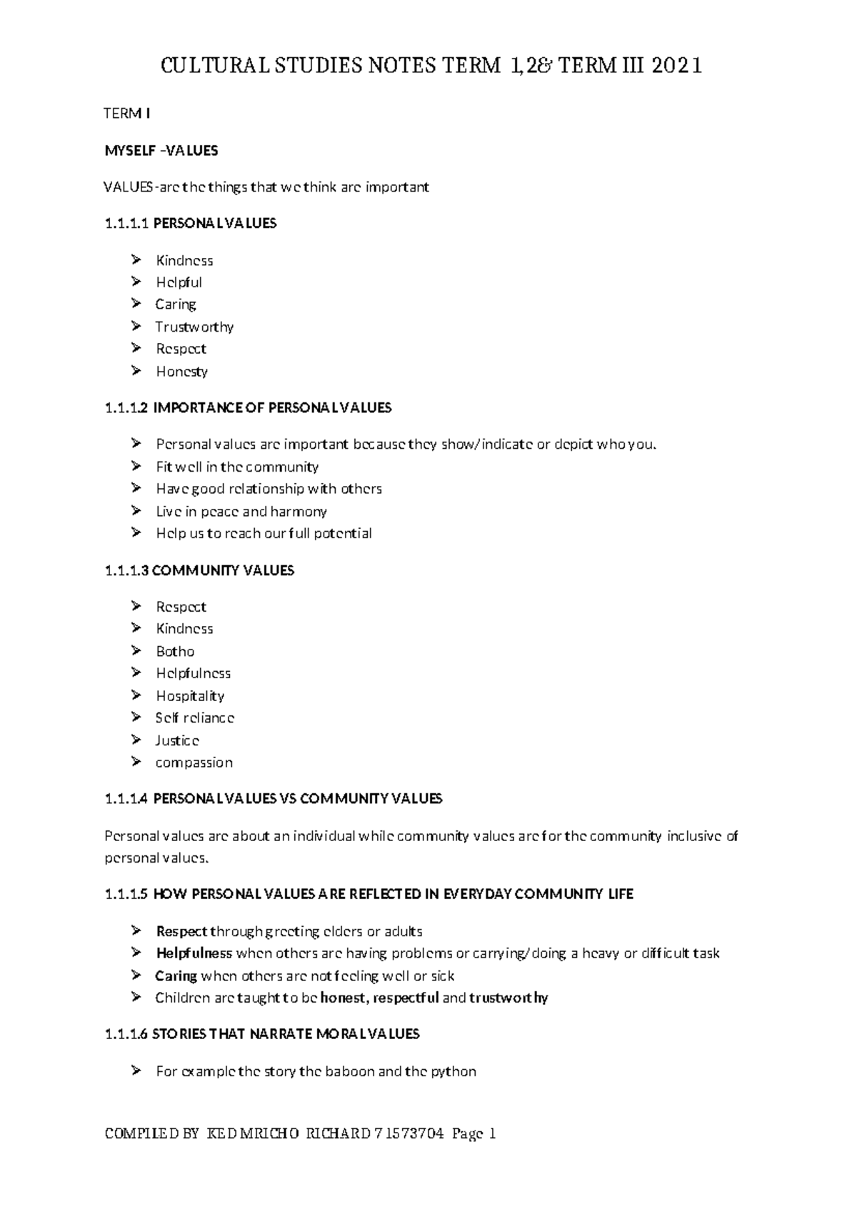 CULTURAL STUDIES NOTES TERM I 2021: PERSONAL AND COMMUNITY VALUES - Studocu