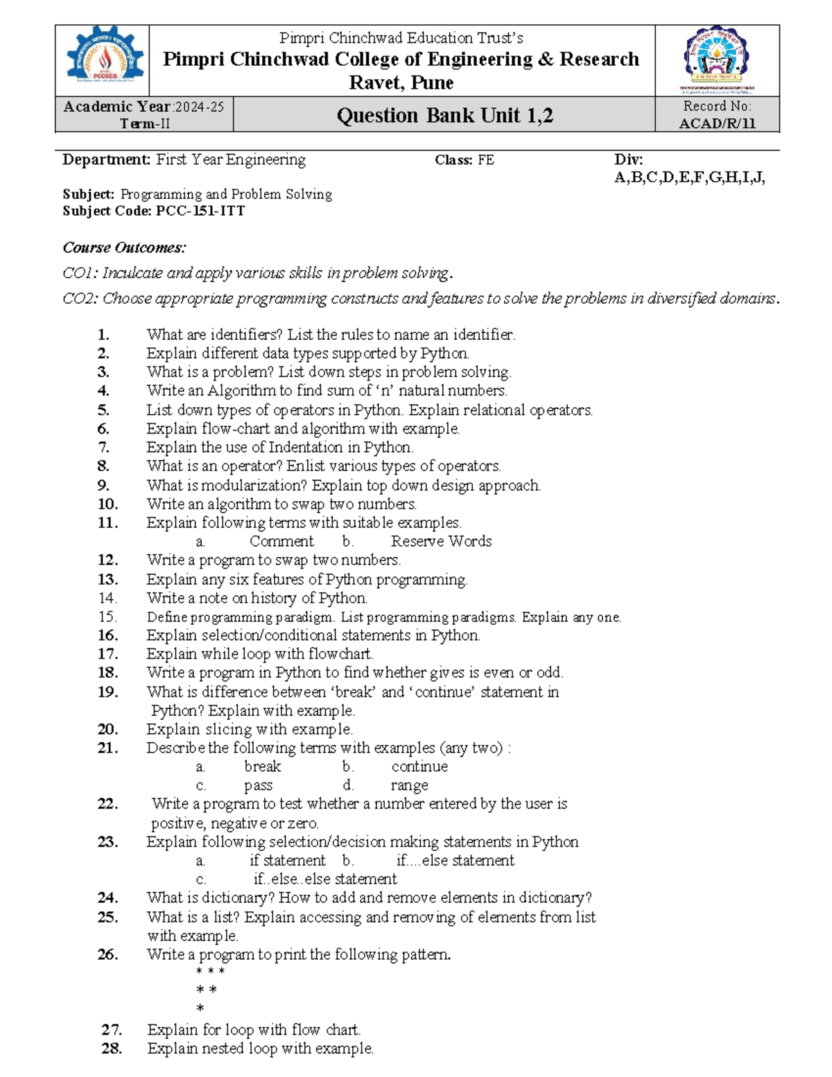 PPS Sem 2 Unit Test 1 Question Bank - Programming & Problem Solving ...