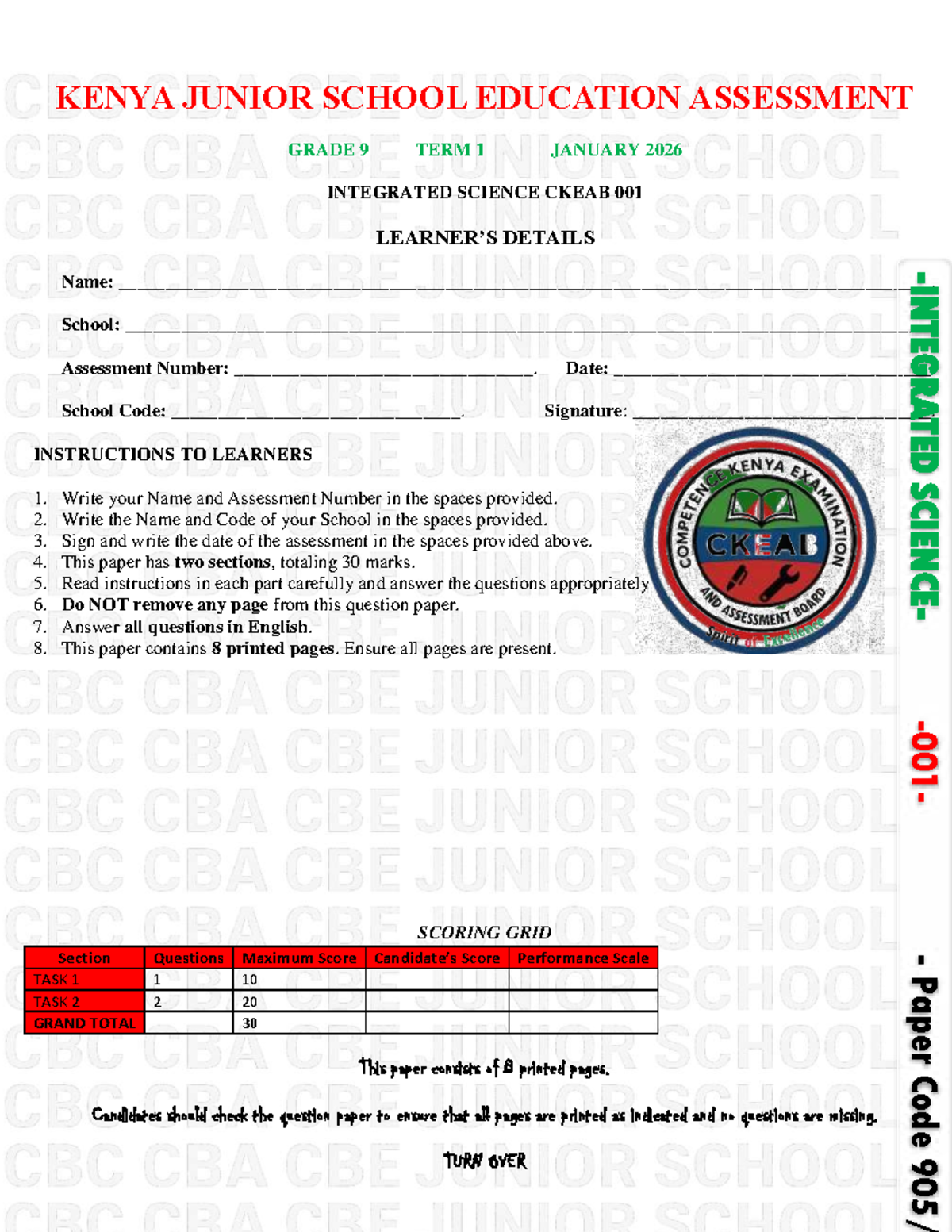 KENYA GRADE 9 INTEGRATED SCIENCE ASSESSMENT CKEAB 001 TERM 1 - Studocu