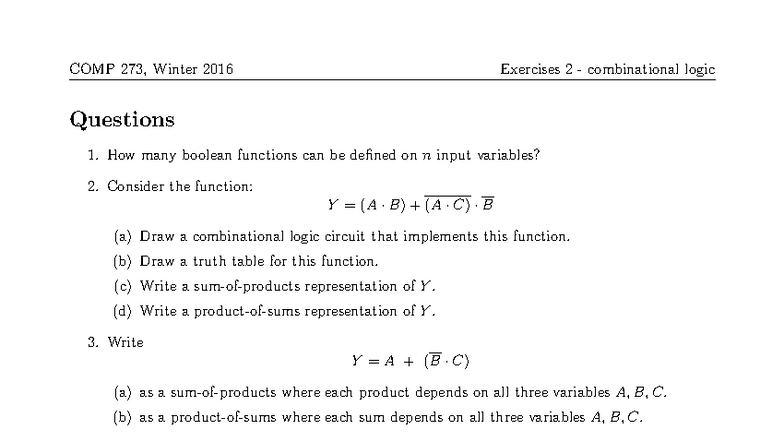 COMP 273, Winter 2016 Exercises 2: Combinational Logic Problems - Studocu
