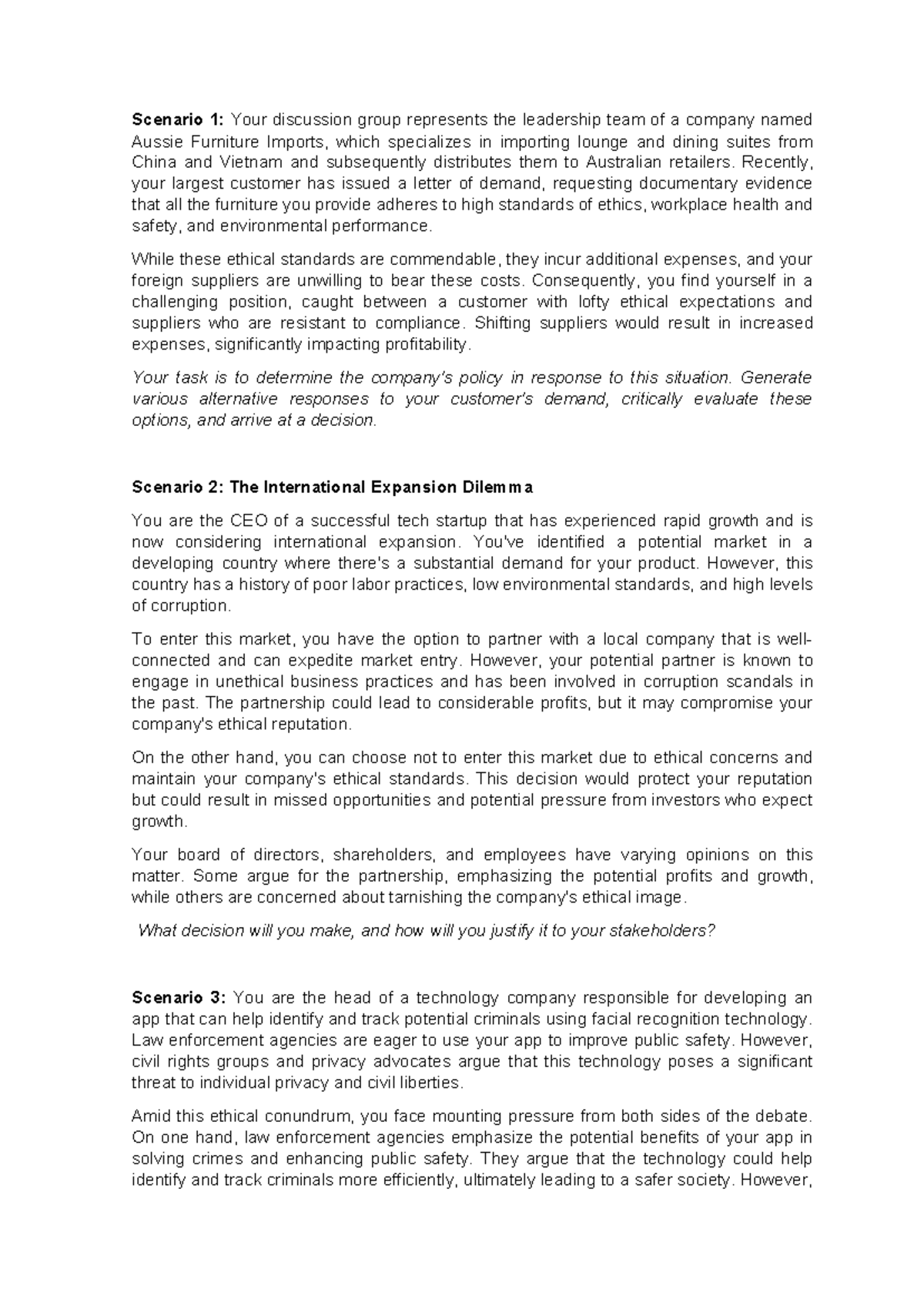 Case for discussion - Scenario 1: Your discussion group represents the ...