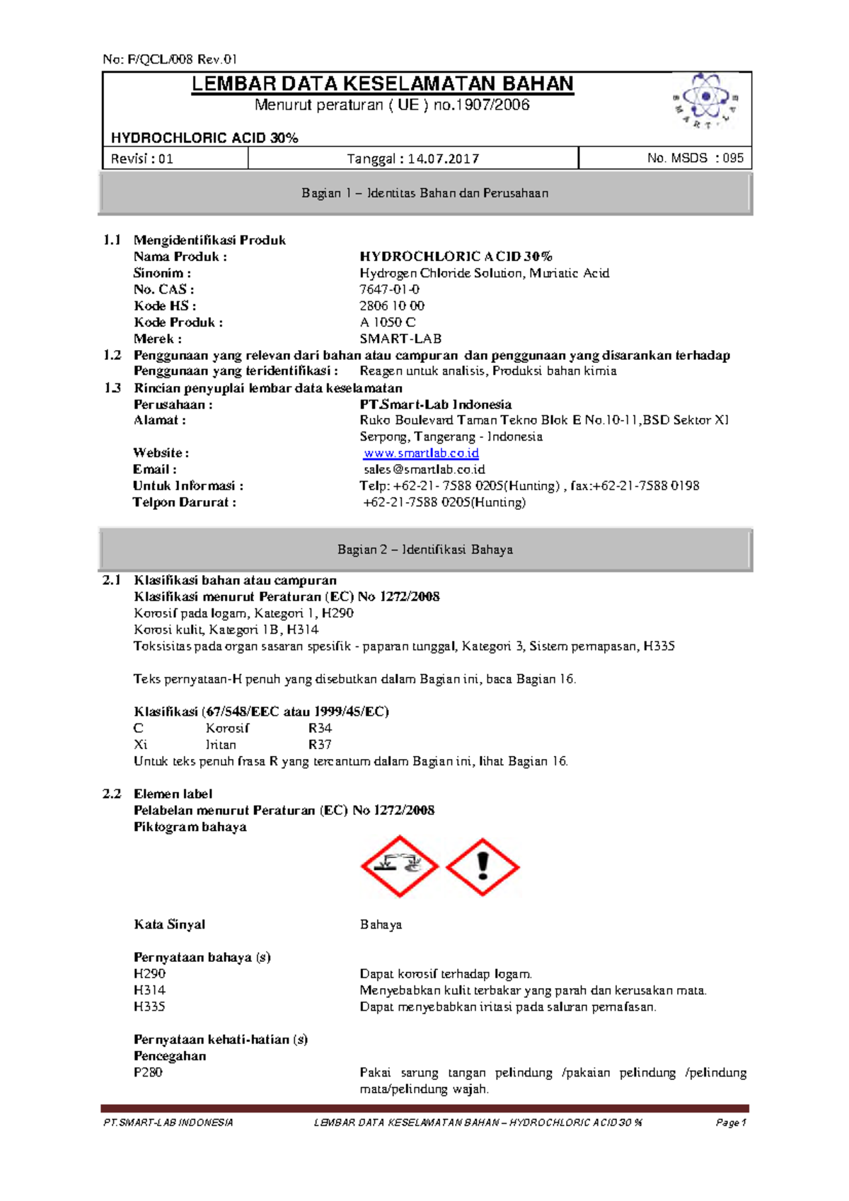 MSDS 30% Hydrochloric Acid (HCl) - Safety Data Sheet Revisi 01 - Studocu